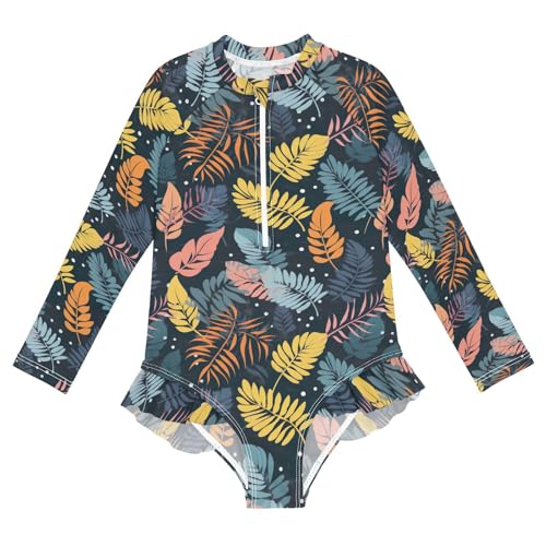 Colorful Tropical Palm Trees Leaves Girls Long Sleeve Swimsuit Rashguard Swimwear One Piece Bathing Suit 21217713