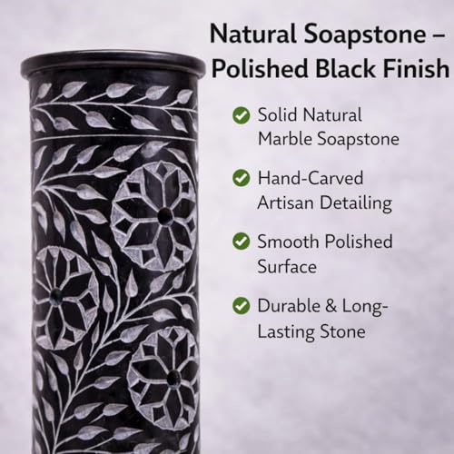Image of Marble Soapstone Black Incense Holder, 3 x 3 x 10 Inches | Handmade, Round Carving, Candle Burner, Tea Light Holder, Decorative Home and Office Decor