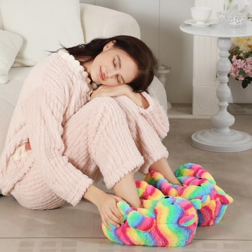 Fuzzy Women's Rainbow Teddy Bear Slippers,Cozy Women Indoor House Shoes,Fun Costume for Adults,Cute Bedroom Slippers for Women Birthday Valentine's Gift Ideas2