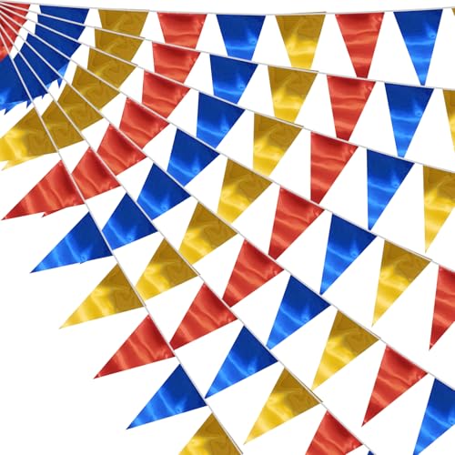 Image of 40M /130FT Gold Blue Red Triangle Pennant Banner Flag Metallic Fabric Bunting Garland for Christmas Graduation, Independence Day, 4th of July, Patriotic Themed Party Decoration