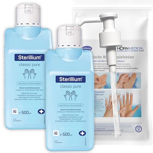 Sterillium Classic PURE Handdesinfektionsmittel SETs inkl. Dosierpumpe beseitigt Bakterien zu 99 9% (2x 500ml)