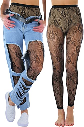 Image of ToBeInStyle Women's Single Floral Lace Fishnet Tights Footless & Stirrup Design