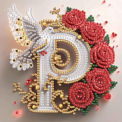 Image of AiYuanzsh 5D Diamond Art Kits for Adults Letter P, Petal-Themed Rose & Dove Floral Special Shape Diamond Painting Kit, DIY Crystal Rhinestones Diamond Art for Adults Craft Wall Display 17x17cm