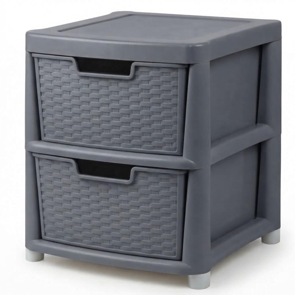 ZYORA 2 Tier Large Grey Rattan Effect Drawer - Plastic Durable Stylish with Smooth Pull Drawers - Multipurpose Storage Unit Cabinet Organizer for Home Office, Bedroom, Bathroom, Garage — image 1