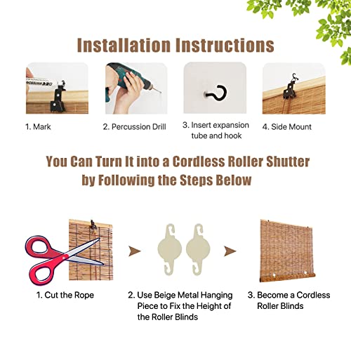 Reed Outdoor Roll Up Shades Blinds For Windows/Patio/Porch Reed Curtains With Lifter Or Cordless Bamboo Roman Shades 20~79 Inches Wide Sun Shade Bamboo Blinds Privacy Screen (Color : Brown, Size : 2 #TOP6