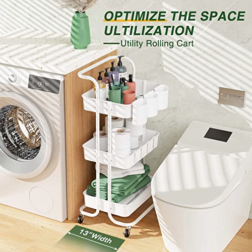 LEHOM-3-Tier-Rolling-Utility-Cart-with-Hanging-Cups-Hooks-Handle-Plastic-Art-Cart-Organizer-Storage-with-Wheels-Easy-Assembly-for-Office-Bedroom-Kitchen-Bathroom-Laundry-White LEHOM 3 Tier Rolling Utility Cart with Hanging Cups Hooks Handle Plastic Art Cart Organizer Storage with Wheels Easy Assembly for Office Bedroom Kitchen Bathroom Laundry White