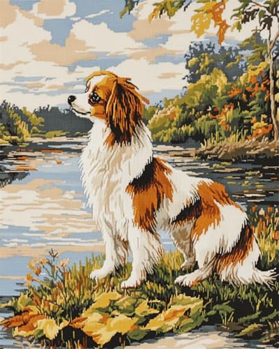 Kit de broderie de perles chien au bord de la rivière toile 60x80cm