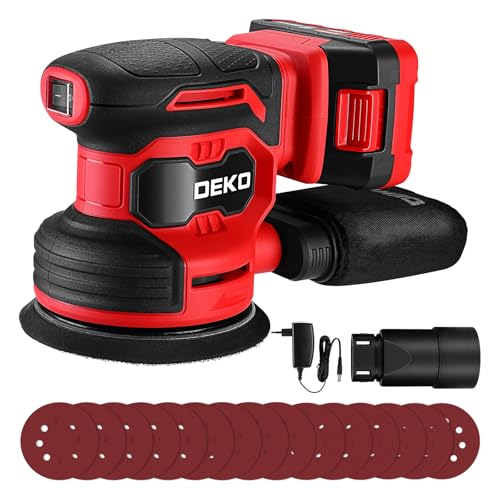 DEKOPRO 20V Lijadoras Excéntricas Inalámbricas con 1 Baterías 2000mAh, Ijadora de 125 MM Lijadora Madera 13000 RPM, con Bolsa para el Polvo y 15 Papeles de Lija, Rojo
