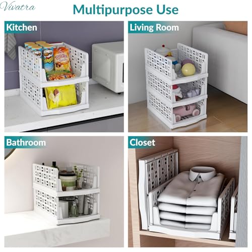 Image of Foldable Drawer Organizer with Stackable Storage Boxes for Wardrobe & Cupboard | Multipurpose Space Saving Storage Bins for Clothes, Toys, Books & Daily Essentials, White (Pack of 6)