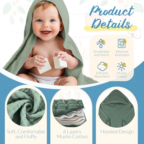 Image of VitalCozy 12 Pcs Baby Muslin Hooded Bath Towels and Washcloths, Muslin Hooded Baby Towels Absorbent Blankets for Gift Newborn Infant Shower (Green Blue Gray)