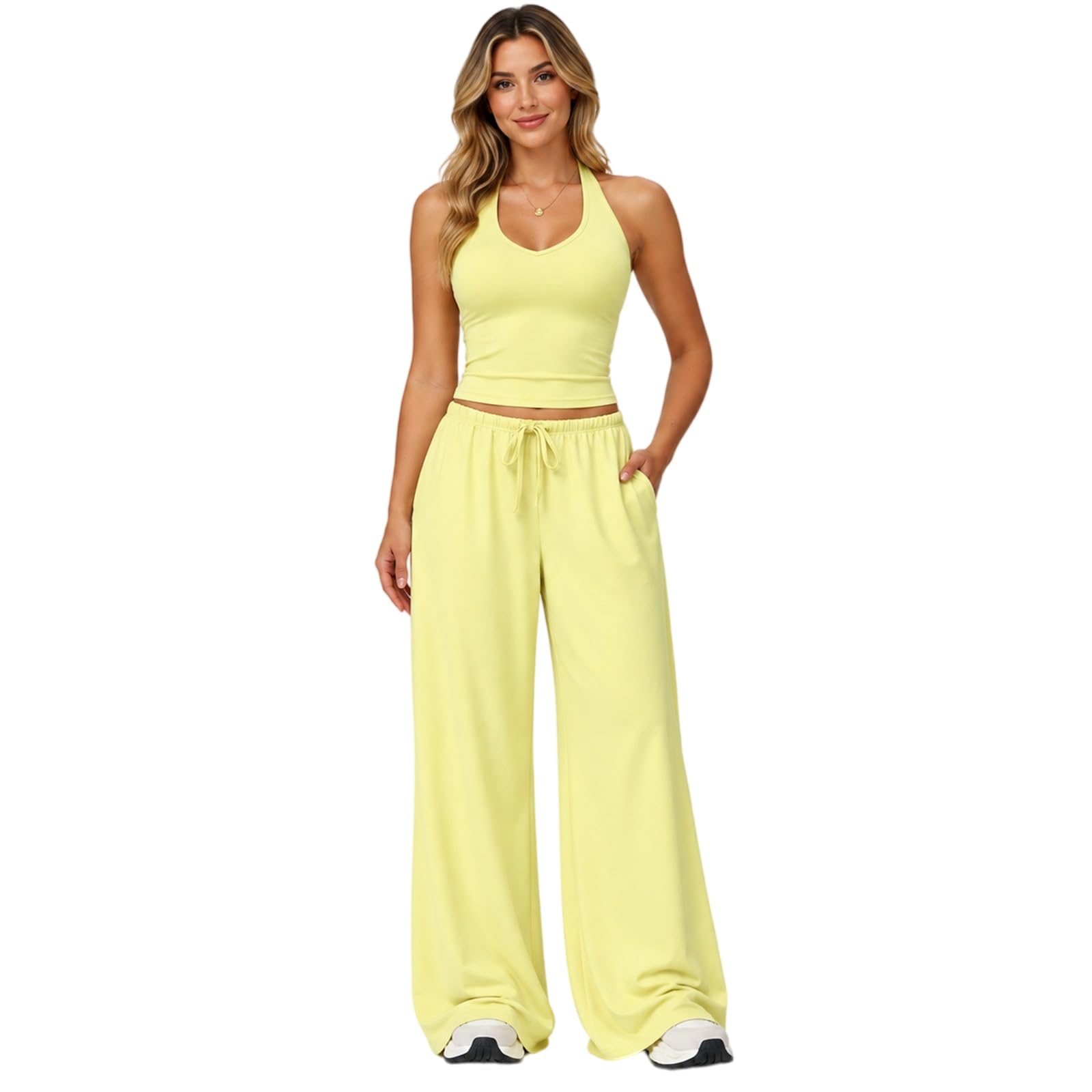 Workout Sets for Women Two Piece Halter Tank and Wide Leg Pants
