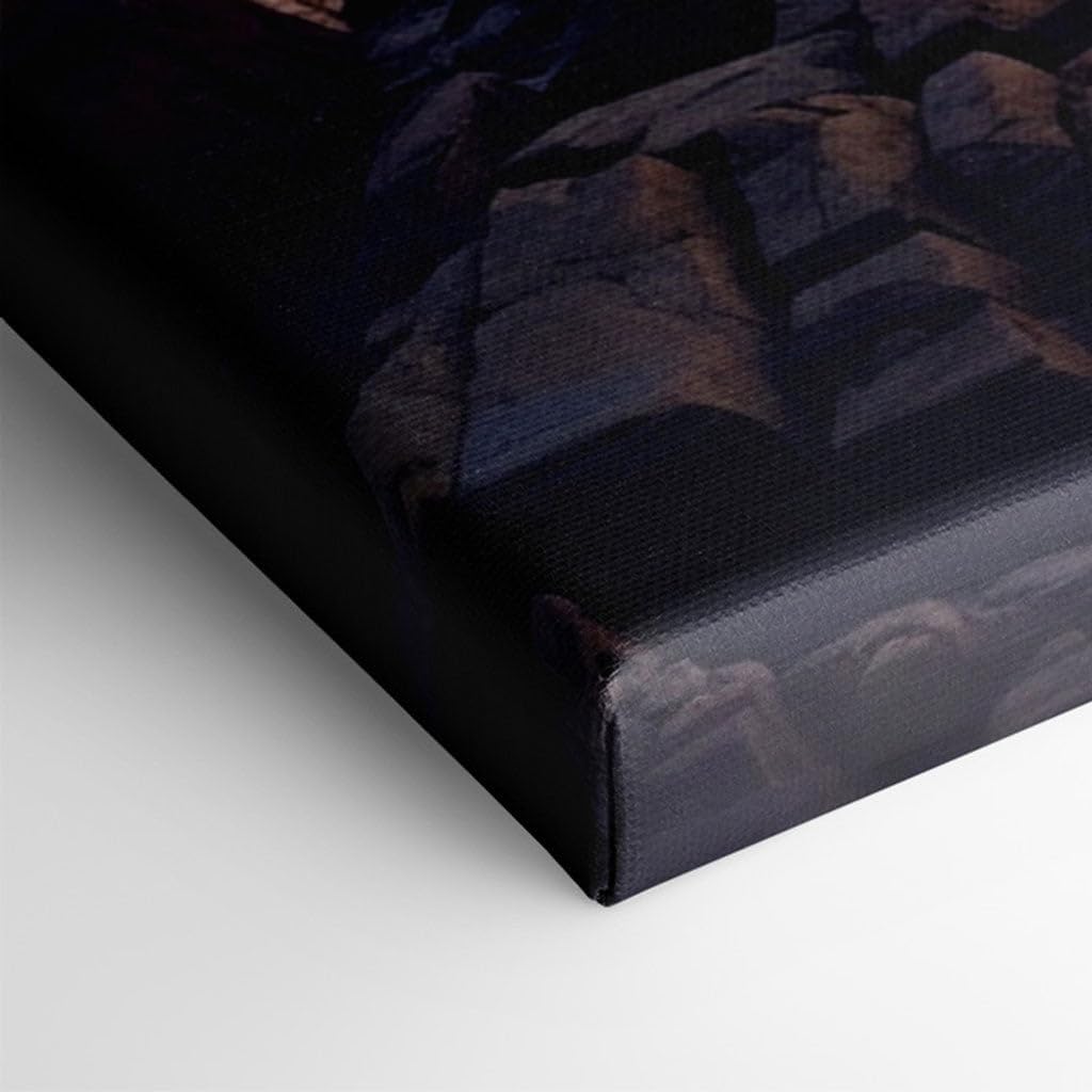 Canvas for Living room. Dawn's Serenity - A Lighthouse Vigil on the Rocky Cliff, 27 x 18 inch Canvas Wall Art - Surrealistic Visions - Modern Home Decor