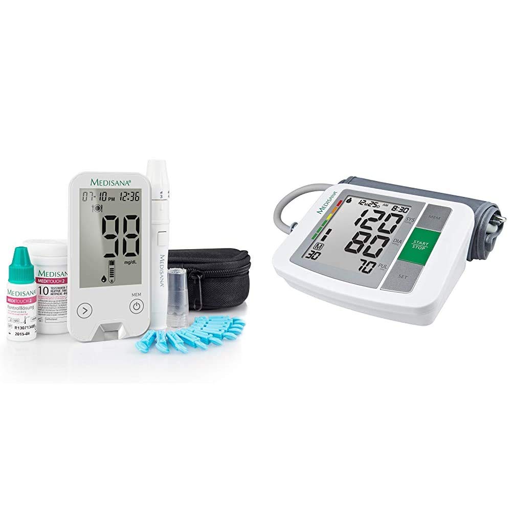 Medisana MediTouch 2 Blutzuckermessgerät mmol/L 79034, inkl. Starterset, Blutzuckermesssystem für Diabetiker + BU 510 Oberarm-Blutdruckmessgerät ohne Kabel, Arrhythmie-Anzeige, WHO-Ampel-Farbskala
