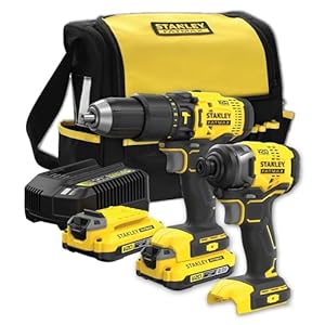 Stanley Fatmax V20 accu-combokit SFMCK465D2S (18 V, bestaande uit accu-slagboorschroevendraaier, 2 x 2,0 Ah lithium-ion accu’s, 1 x oplader, 1 x softtas)