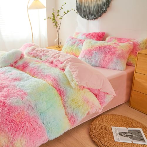 Faux Fur Fluffy Rainbow Comforter Cover Queen Set – Plush Faux Fur Rainbow Bedding 3-Piece Set (1 Duvet Cover + 2 Furry Pillow Shams) Cozy Bed Set