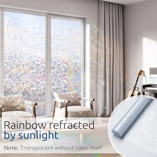 Image of rabbitgoo Rainbow Window Privacy Film, Stained Glass Cling, 23.6 inch x 78.5 inch | Decorative Static Sticker, Non-Adhesive Reusable Window Tint, Heat Control UV Blocking Coverings for Home Doors, Living Room
