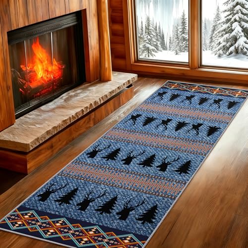 Deer Cabin Runner Rug 2x8 Vintage Rustic Runner for Hallways Western Wildlife Washable Floor Mat for Long Corridor Hallways Kitchen Entryway
