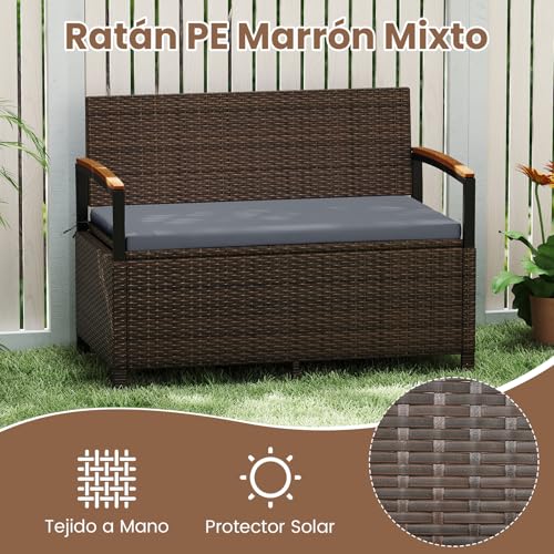 COSTWAY Banco de Almacenamiento Exterior Ratán, 175 L Baúl para Terraza con Cojín, Respaldo y Reposabrazos de Madera de Acacia, Sofá de Mimbre PE con Almacenamiento Oculto y Bolsa Impermeable (Gris) - imagen 6