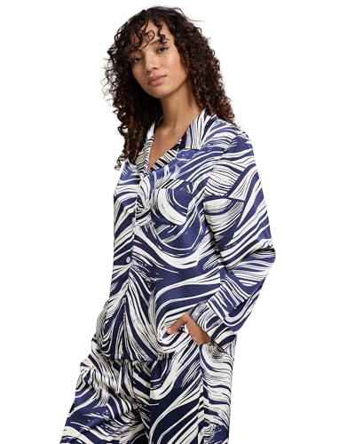 Image of YiNi LuLu Womens Silk Satin Pajamas Set Button Down 2 Piece Pjs Long Sleeve Oversized Sleepwear with Pockets
