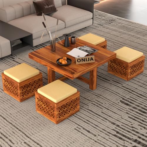 Image of ONIJA Solid Sheesham Wood Coffee Table with 4 Stools | Rosewood Centre Table with Cushioned Stool for Living Room (CNC,Honey Finish)