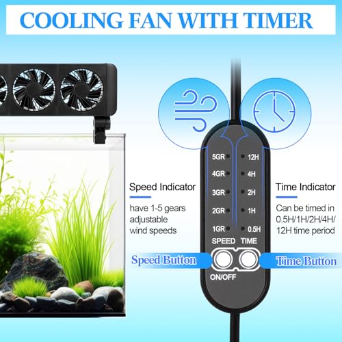 Image of Tujoe 2 Pcs Aquarium Chillers Fan 3 Head Adjustable Fish Tank Cooling Fan with Timer, 5 Wind Speeds, Quiet Operation for Freshwater & Saltwater Tanks