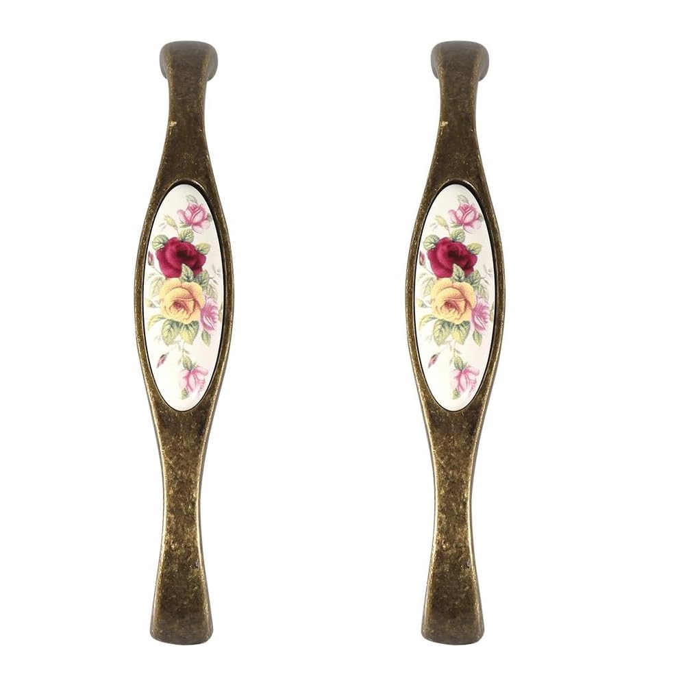 Hapivida Antique Cabinet Handle, Antique Bronze Ceramic Cabinet Door Pulls Vintage Rural Floral Pattern Drawer Dresser Knobs DIY Tray Handles for Furniture Cupboard Drawer (#7-2pcs)