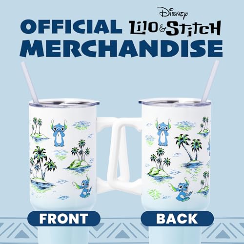 Image of Silver Buffalo Disney Lilo and Stitch Vintage Sketch Palm Trees and Flowers Double Walled Stainless Steel Tumbler with Handle and Straw, Fits in Standard Cup Holder, 40 Ounces