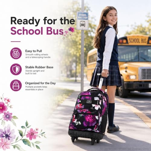 Image of 3Pcs Rolling Backpack for Girls, 19 Inche Rose Roller Bag with Wheels, Adults Wheeled Bookbag Set for Women(Black)