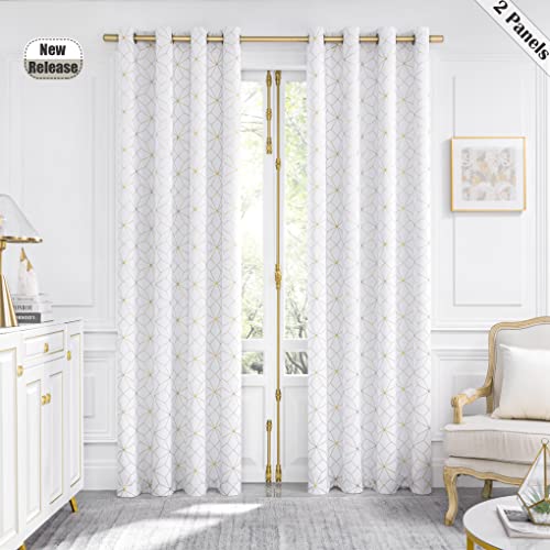 Beauoop Metallic Geo Blackout Window Curtain Panels Thermal Insulated Light Blocking Trellis Moroccan Drapes For Bedroom Living Room Diamond Grommet Window Treatment, Set Of 2, 50" X 84", White/Gold #TOP12