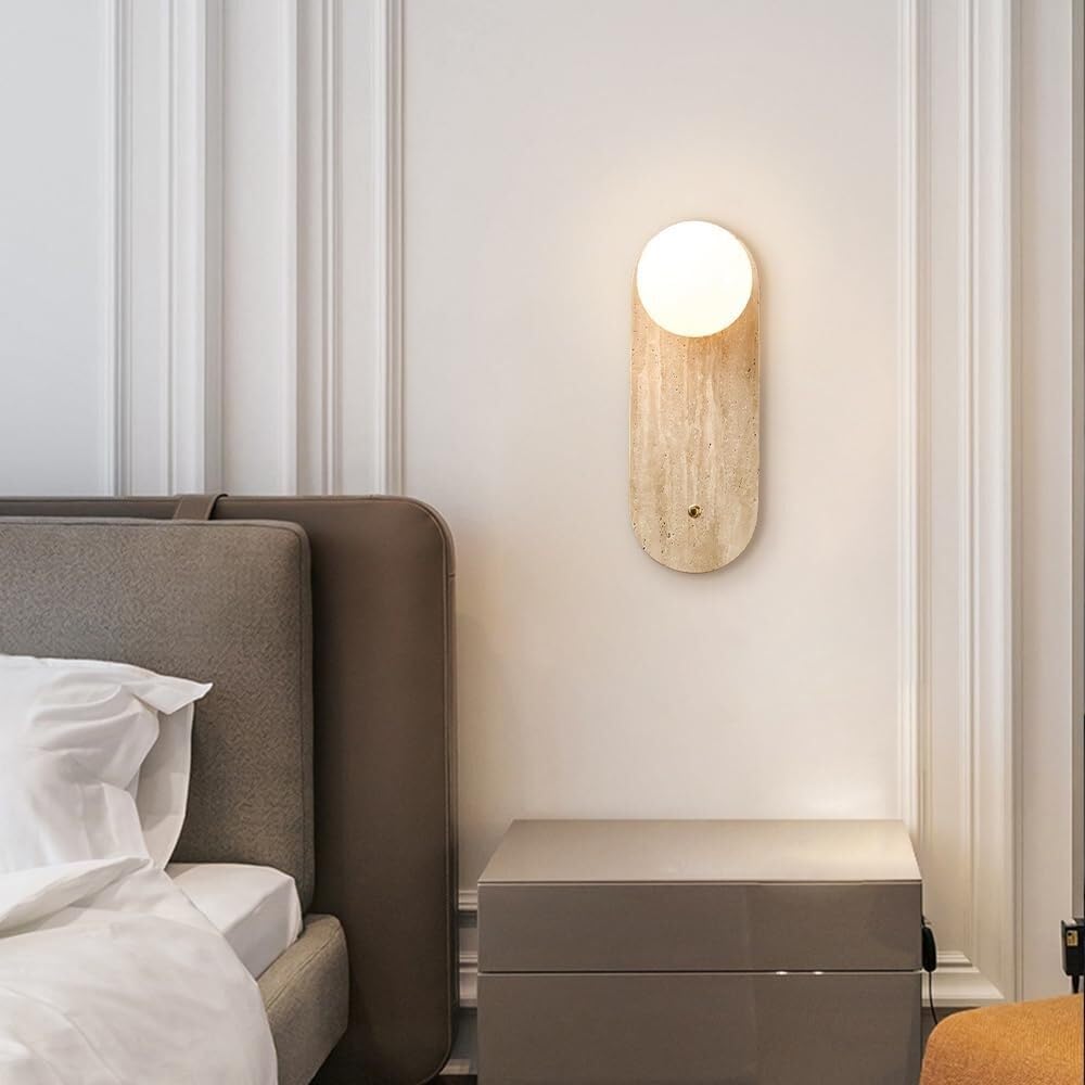 Applique da parete con globo di vetro e pietra travertino, stile nordico, ideale per camera da letto o soggiorno, attacco G9.