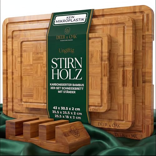Deer & Oak 3-teiliges Schneidebrett-Set aus karbonisiertem Endkorn-Bambus mit Ständer, vorgeöltes Holz-Schneidebrett-Set, Korbgeflecht-Design, langlebige Metzgerblock-Schneidebretter