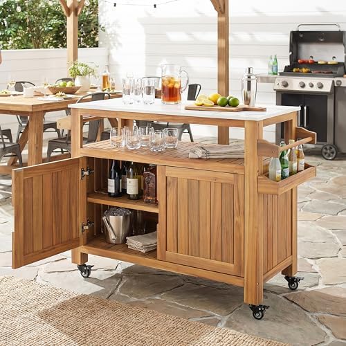 Merax Murphy Outdoor Patio Acacia Wood Bar Cart, Natural Finish Rolling Cart with Marble-Effect Top for Garden, Poolside & Indoor Use