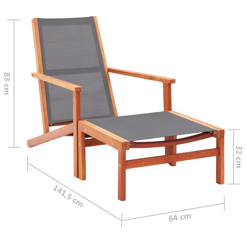 Silla de jardín de madera con reposapiés, color gris, eucalipto y textileno, resistente, hasta 110 kg, fácil de montar