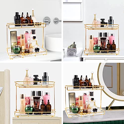 Dalimfun 2-Tier Bathroom Organizer Countertop Marbling Tempered Glass, Detachable Vanity Tray Makeup Cosmetics Perfume Counter Organizer Storage Shelves Gold Shelf #TOP6