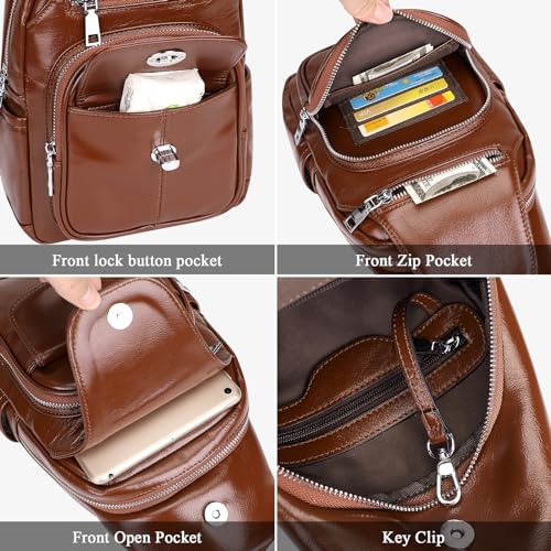 Image of Over Earth Genuine Leather Sling Bag for Women Men Small Causal Crossbody Purse Chest Backpack(O212E Brown)