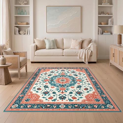 ODIKA 5'x7' Teal Coral Medallion and Floral Ultra-Soft Area Rug