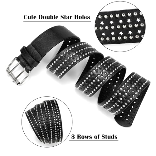Image of Studded Belts for Women, Black Leather Belt for Jeans with Double Star Holes