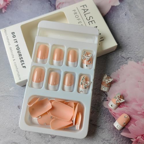 Sutaozhi 24Pcs Short Press On Nails Square Fake Nails With Butterfly Charms White French Tip Acrylic Nails Cute False Nails Nude Pink Full Cover Glue On Nails Extra Short Coffin Stick On Nails For Women Girls thumb #3