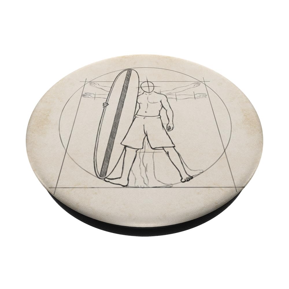 Vitruvian Man Surfer Dude With Mini-Malibu Board Sketch PopSockets Swappable PopGrip, Black - Image 2