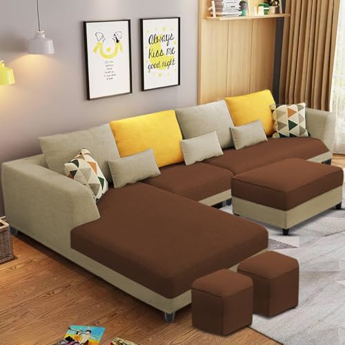 Image of Galib LHS 8 Seater L Shape Sofa Set for Living Room (Cream Brown Fabric) Premium Fabric Sofa