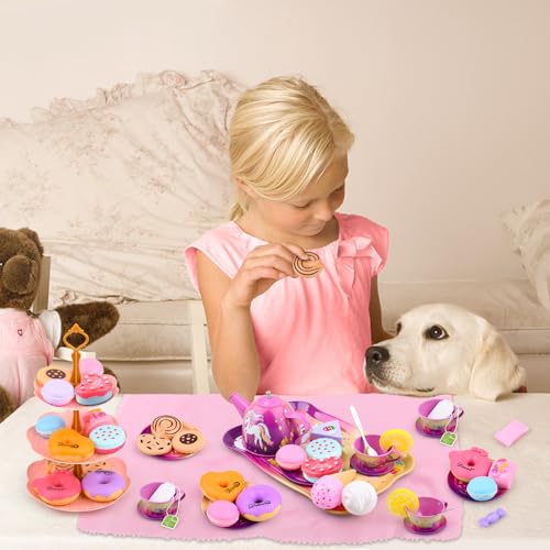 image for Auney Tea Party Set Toys for Girls, Tin Unicorn Tea Set Pretend Play G