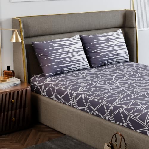 Image of Stoa Paris 100% Cotton King Size Fitted Bedsheet with 2 Pillow Covers, 180TC Printed Bedding Set, All-Season Comfort, Soft & Lightweight, Home Decor, Urbanscape - Lavender Matrix (182cmx198cm+30cm)