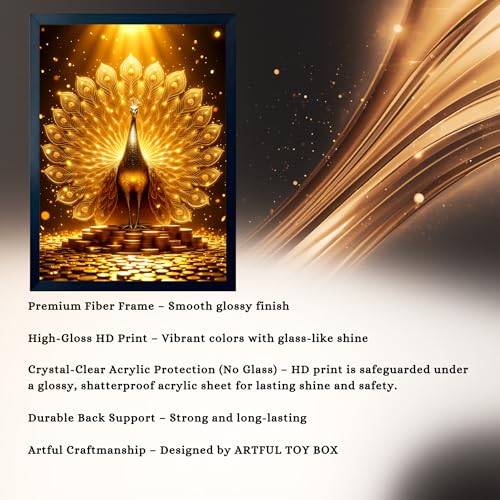Image of ARTFUL TOY BOX - Golden Peacock Photo Frame Wall Art for Home Decor | Prosperity, Beauty & Positive Energy Vastu Wall Decor for Living Room & Office | HD Glossy Print | Premium Fiber Black Frame - 12x18 Inch (30x45 cm) (Design 8)