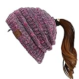C.C Exclusives Soft Stretch Cable Knit Messy Bun Ponytail Beanie Sombrero de invierno para mujer (MB-20A) (CCB-1),Talla única