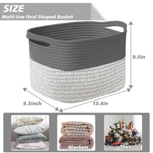 Image of Woven Storage Basket, Cotton Rope Closet Organizers Bins for Clothes Blanket Towels, Stylish Gift Baskets with Handles, 13.4 x 9.3 x 9.5 in, Grey and Dark Gray (Pack of 1)
