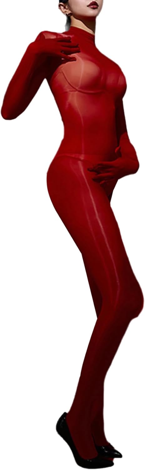 Glossy Sheer Long Sleeve Bodystocking for Women - Oily Jumpsuit Shapewear, Sexy & Stylish Lingerie, Perfect for Nights Out or