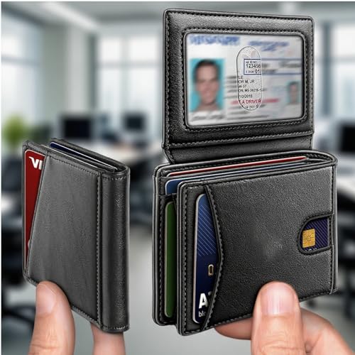 Vintage Bifold Wallet for Men with ID Window and Card Slots Slim Minimalist Design for Business Travel Everyday Use(Black)