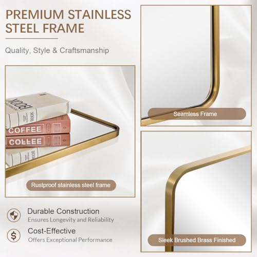 Image of ANDY STAR Brushed Gold Mirror 40''X30'', Gold Bathroom Mirror Rounded Rectangle in SUS304 Anti-Rust Tube Metal Frame, Wall Mounted Horizontal /Vertical 1'' Deep