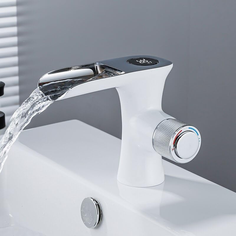 LED Digital Basin Faucet Black Bath Mixer Brass Temperature Display Smart Tap Sink for Bathroom A186(White Chrome B)