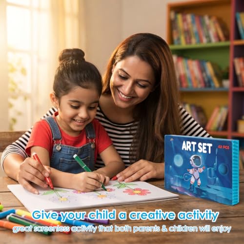 Image of KARP Children Deluxe Art Drawing Set for Kids| Drawing & Coloring Set with Crayons, Oil Pastels, Colour Pencils, Watercolors, Sketch Pens, Brushes & Carry Case (42 Pcs Astronaut Print Art Set)